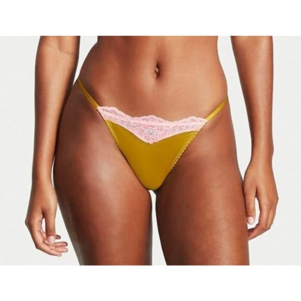 Victoria Secret Very Sexy Satin Lace Thong Panty L XL Chartreuse Smooth Silky
